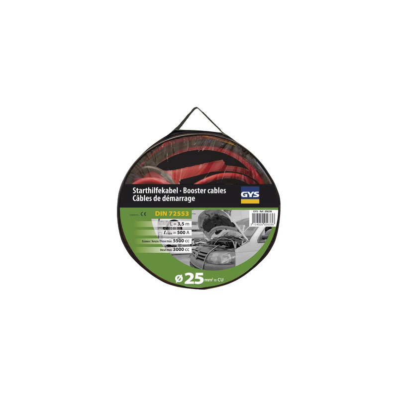 Câbles démarrage 500 A - 3,5 m / 25 mm² - Pinces isolées