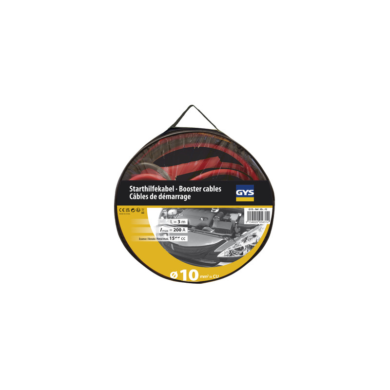 Câbles démarrage 200 A - 3 m / 10 mm² - Pinces isolées